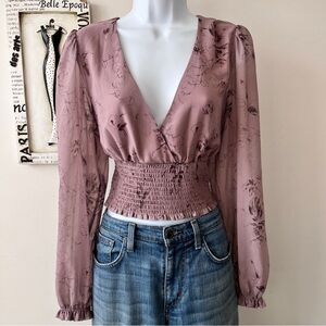 Wilfred Purple Floral Print Long Sleeve V-neck Crop Top Blouse Size M